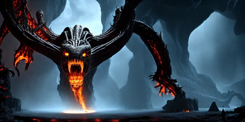 Image similar to giant balrog running through a great hall towards the camera, columns along both sides of the great hall in moria, balrog is breathing fire, style of h. r. giger, dark, cinematic