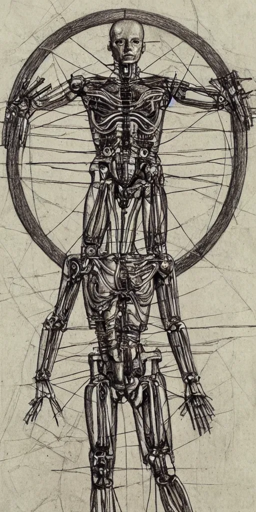 Prompt: full body of Westworld robot anatomy sketch by Leonardo da Vinci, the vitruvian man style, highly detailed pencil drawing, old sketch, rule of thirds
