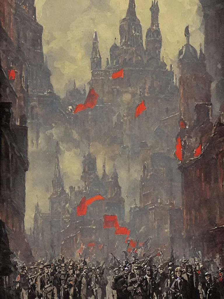 Image similar to russian revolution dieselpunk 1 9 1 0 cityscape, kremlin, painting by davison, craig