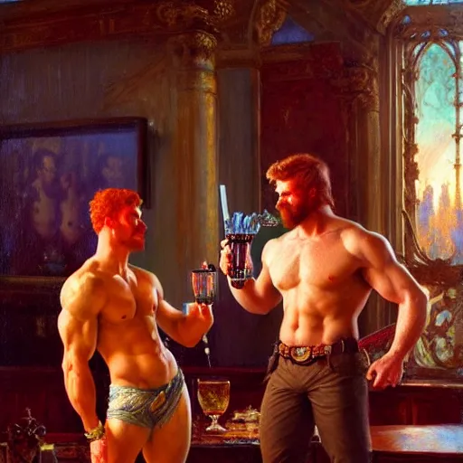 Image similar to attractive muscular mike with ginger hair with attractive tyler with brunet hair, drinking their hearts out, in their noble mansion. defined to the maximum and highly detailed painting by gaston bussiere, craig mullins 8 k