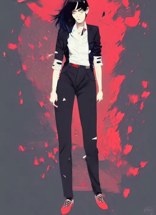 Image similar to a ultradetailed beautiful panting of a stylish woman wearing a shirt with a tie, she has black hair, dancing, by conrad roset, greg rutkowski and makoto shinkai, trending on artstation