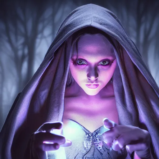 Image similar to Award-winning photograph of a beautiful young female drow wizard, dramatic lighting