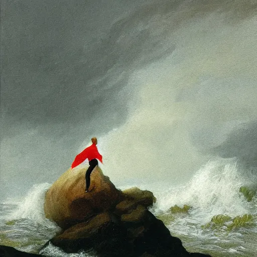 Image similar to painting of a person standing on a rock with waves crashing around by friedrich