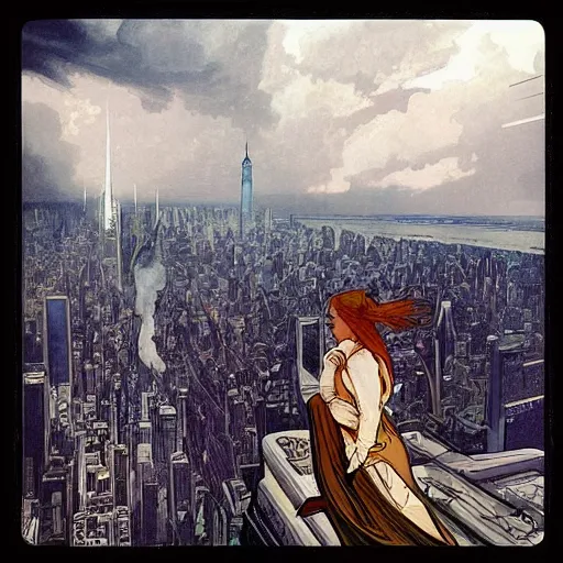 Prompt: “ a girl standing on a ledge looking down at a futuristic new york city below, cyberpunk, ghostpunk, storm clouds, very detailed, by alphonse mucha ”