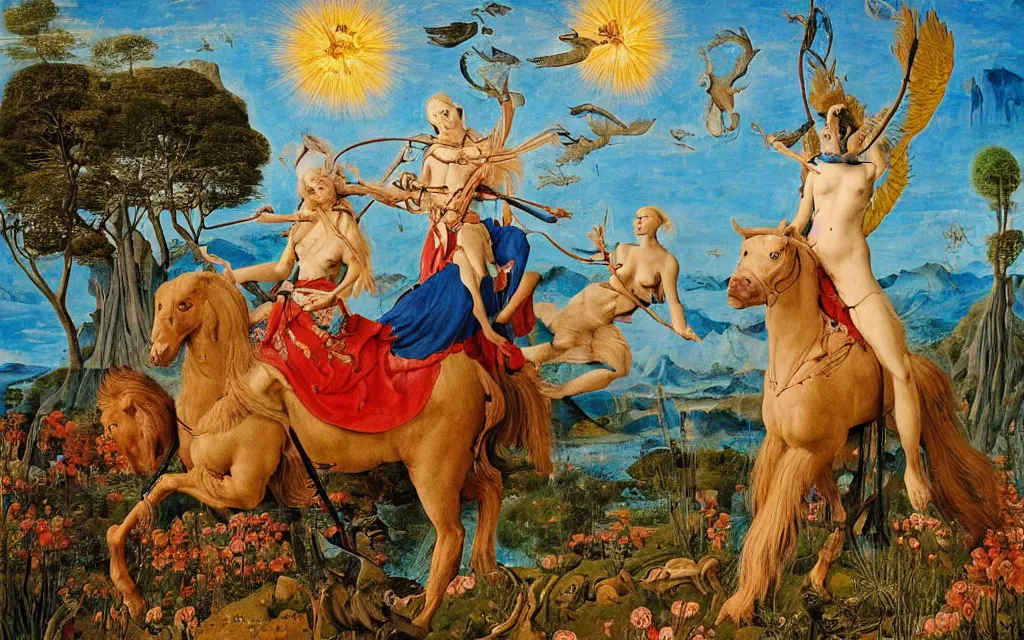 Image similar to a portrait photograph of a meditating harpy and a centaur king riding eagles and hunting at a river delta. surrounded by bulbous flowers and trees. mountain range under a blue sky of fiery stars. by jan van eyck, max ernst, ernst haeckel, ernst fuchs and artgerm, artstation, daily deviation, 8 k