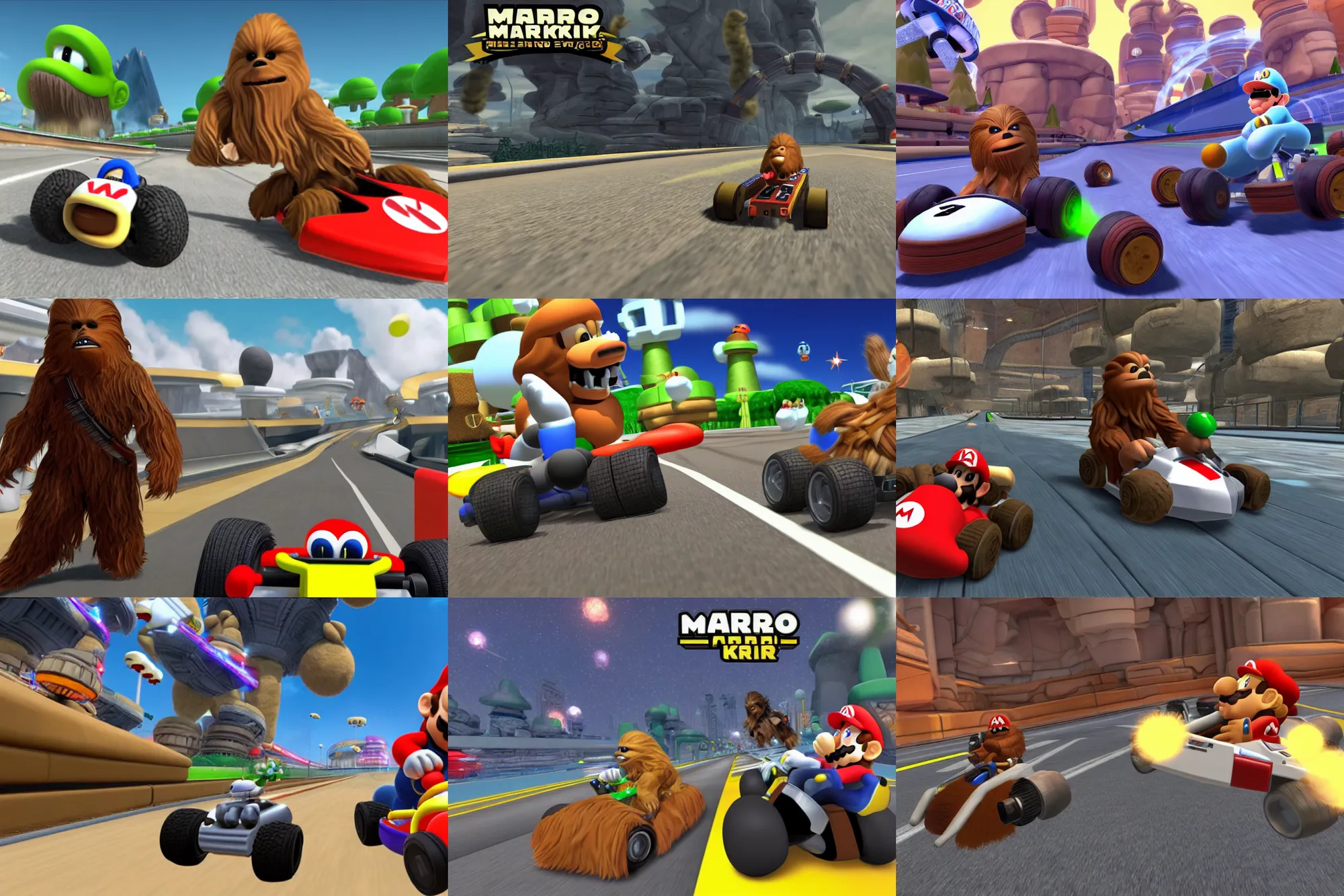 Prompt: a promotional gameplay screenshot of chewbacca in the video game mario kart. 3 d rendering. very detailed