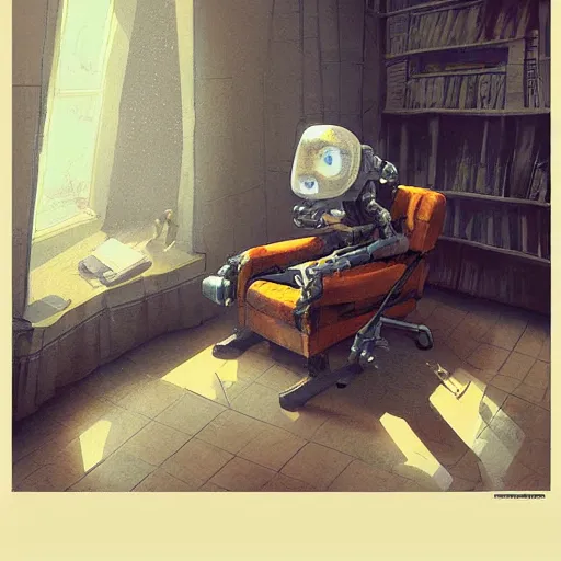 Image similar to robot reading the newspaper in his armchair in the background books near a window by Greg rutkowski, Trending artstation