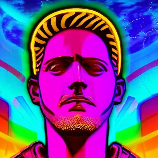 Image similar to the statue of david with a neon ring around the head in a synthwave, digital art, hyper-realistic