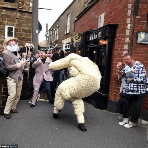 Prompt: man in sheep costume fighting outside a british pub