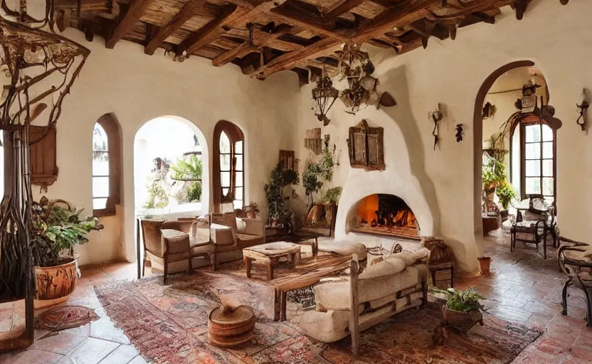 Image similar to interior of a living room, spanish colonial mansion style, arches, pillars, rustic wood, natural materials, bohemian style, swedish design, ocher, beige, dark brown, windows with view of hills