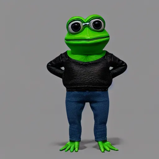 Image similar to perfectly accurate miniature figure of pepe the frog wearing jeans and a black leather jacket, soft textures, skin texture, clothing, 3d sculpture, textured, fine detail, lifelike, photo, high resolution, octane render, post processing, after effects, trending on artstation