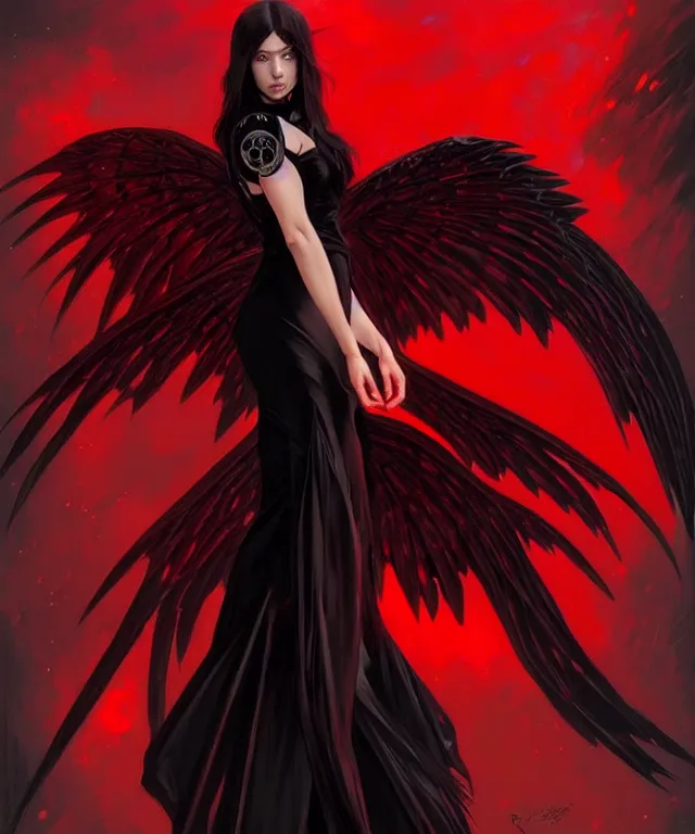 Prompt: Female dark angel in gothic red and black dress, their black wings are extended, highly detailed, digital painting, artstation, concept art, smooth, sharp focus, illustration, art by artgerm and greg rutkowski and alphonse mucha