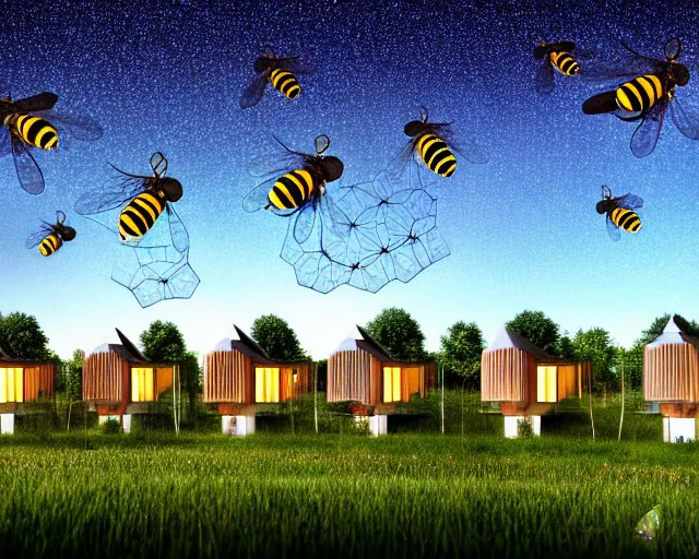 Prompt: connected ecovillage houses with solrarrofs, very big bees flying around - plant goddess high quality photo, microchip, artificial intelligence, bio - mechanical bio - luminescence, black wired cables, neurons, nerve cells, cinematic, rim light, photo - realistic, elegant, high detail, 8 k, masterpiece, high fashion, in the style of man ray