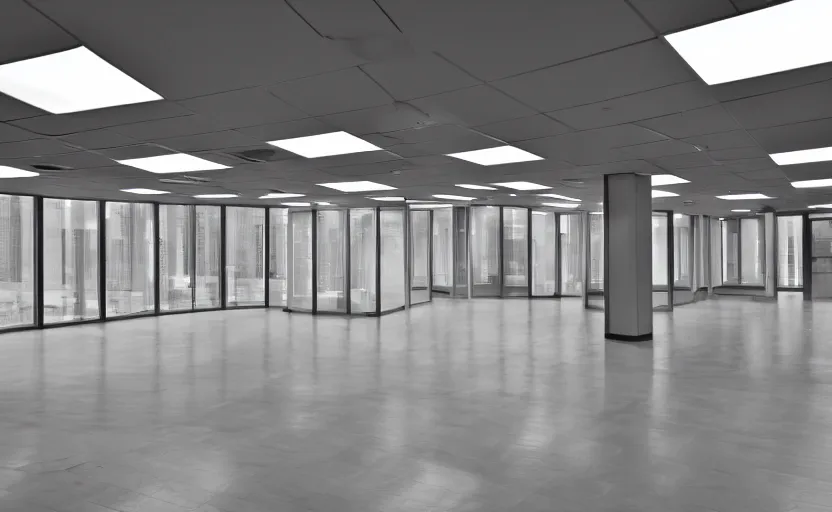 Prompt: an empty office building, illuminated, photography