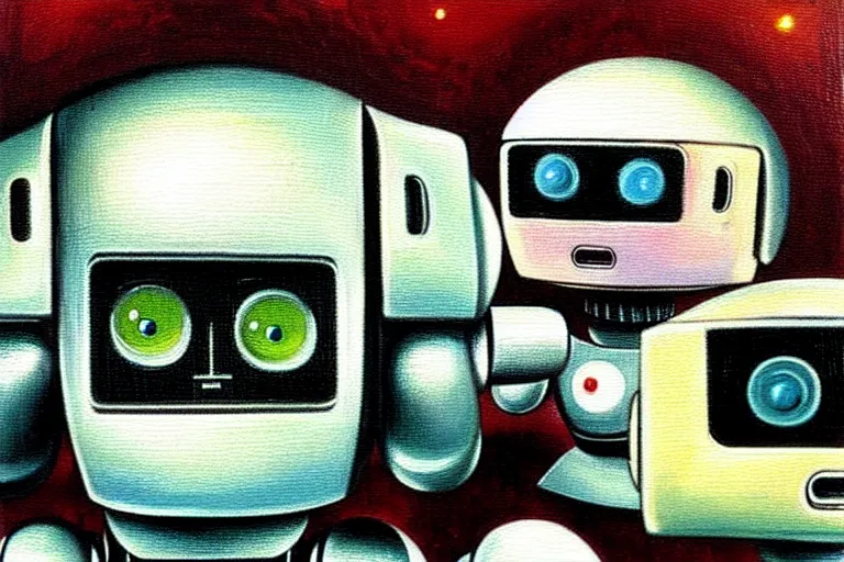 Image similar to a cute little robots painting by h. r. giger