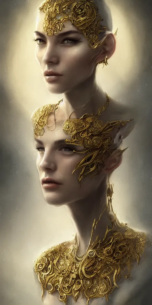 Image similar to realistic character concept of creature fantastic with lots of jewelry in the face, elegant pose, scifi, illustration, slender symmetrical face and body, artstation, cinematic lighting, hyperdetailed, cgsociety, 8 k, high resolution, charlie bowater, tom bagshaw, insanely detailed and intricate, beautiful, elegant, golden ratio, dark fractal background, vfx, postprocessing