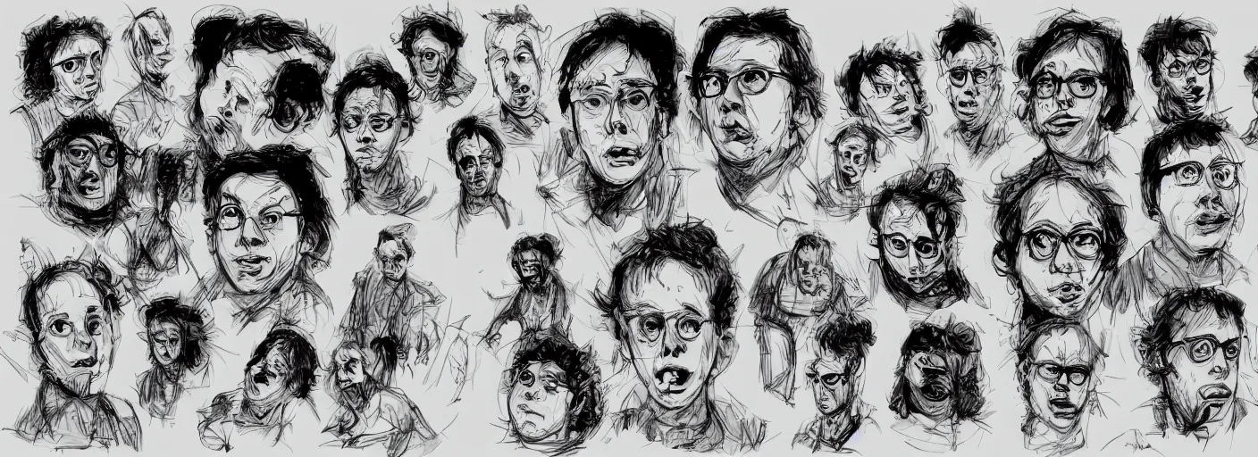 Image similar to character study of todd solondz tripping on lsd, clear faces, screenwriter, introvert, panic, emotional, character sheet, fine details, concept design, contrast, by gabriel hardman, joe alves, j. todd anderson, chris bonura, trending on artstation, 8 k, full body and head, turnaround, front view, back view, ultra wide angle