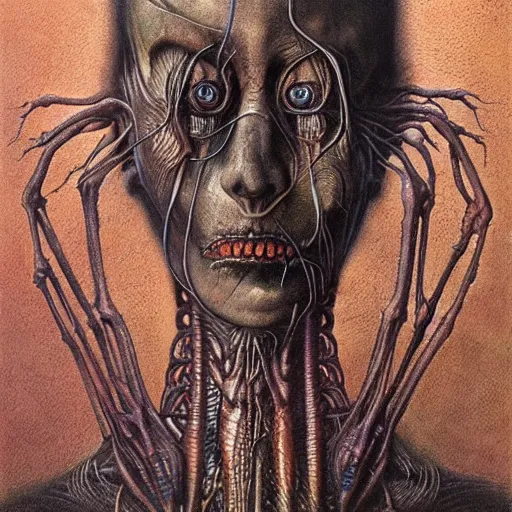 Image similar to hr giger portrait oil award winning monstrosity horror humanoid biomechanical woman zdzisław beksinski muted detailed hyperreal veins eyeballs
