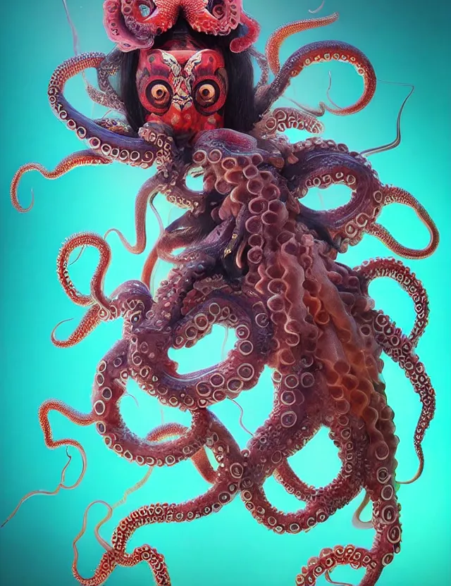 Image similar to 3 d goddess octopus half - turn portrait with long hair with ram skull. beautiful intricately detailed japanese crow kitsune mask and clasical japanese kimono. betta fish, jellyfish phoenix, bio luminescent, plasma, ice, water, wind, creature, artwork by tooth wu and wlop and beeple and greg rutkowski