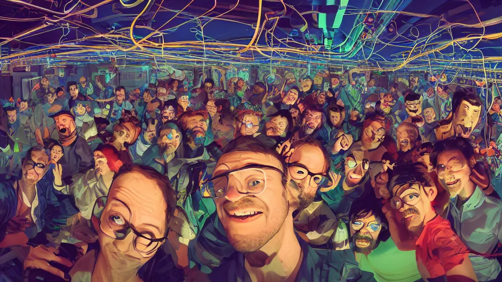 Prompt: selfie of a tight group of happy drunken hackers at a party in a highly detailed server room with computers everywhere and wires, nerds, in a scifi movie, vivid colors, by jamie hewlett, nuri iyem, james gurney, james jean, greg rutkowski, anato finnstark. hyper detailed, wide angle, perfect faces