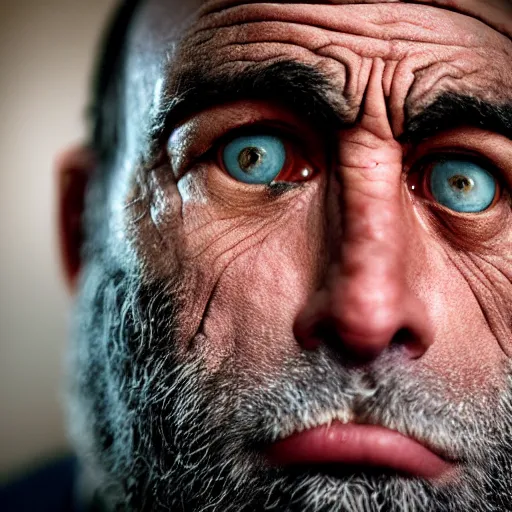 Image similar to Photo portrait Joe Rogan as a wax neanderthal cave man exaggerated brow stoic savage in the natural history museum face closeup background dramatic lighting 85mm lens by Steve McCurry