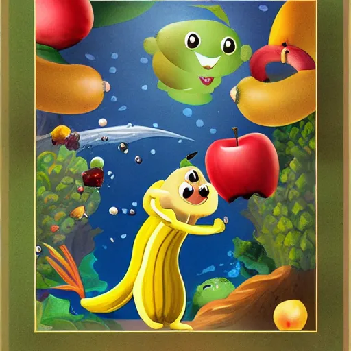 Image similar to a banana fighting an apple in the deep sea