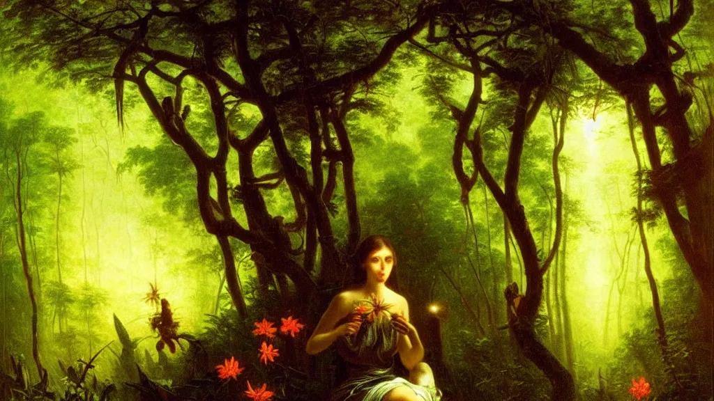 Prompt: a beautiful skinny woman with big eyes and a small nose eating a bioluminescent flower in a verdant jungle by albert bierstadt.