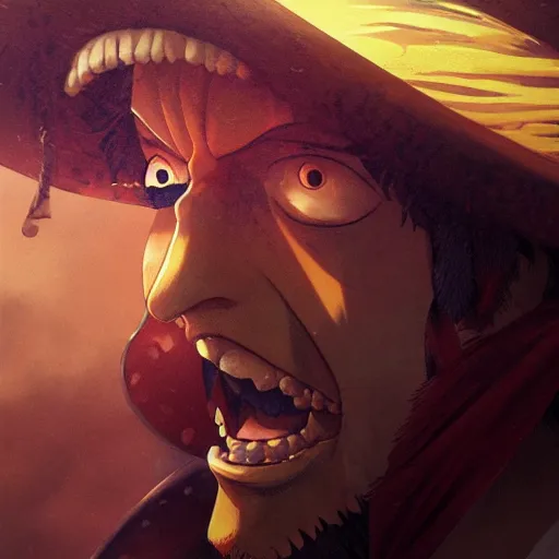 Image similar to closeup portrait of strawhat luffy, dramatic lighting, pirate background, artstation, high detail, by greg rutkowski