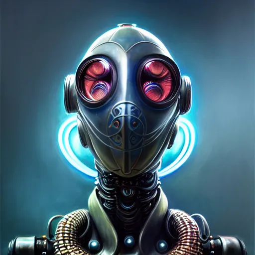 Image similar to front shot of a cyberpunk gazmask robot character, intricate, elegant, highly detailed, centered, digital painting, artstation, concept art, smooth, sharp focus, illustration, artgerm, Tomasz Alen Kopera, Peter Mohrbacher, donato giancola, Joseph Christian Leyendecker, WLOP, Boris Vallejo