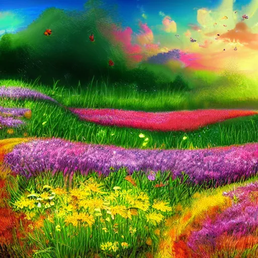 Prompt: heaven meadow with colorful flowers and perlence fantasy pixiv scenery art inspired by magical fantasy