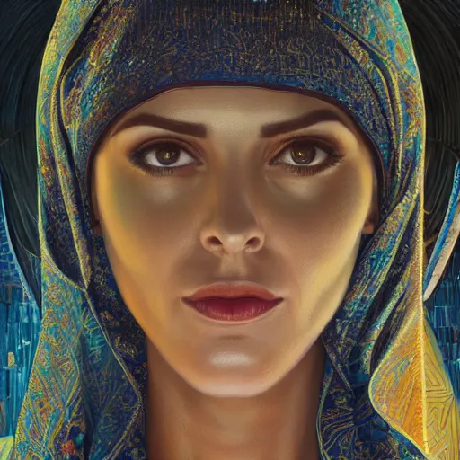 Image similar to detailed face of an arabic woman, opulent courtyard, moment, tectonic sky, skydome, reactor, utopian, tech noir, wet reflections, prism, atmospheric, ambient, pj crook, syd mead, livia prima, artgerm, greg rutkowski, nick alm, casey baugh