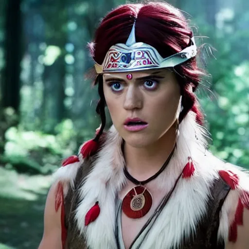 Prompt: katie perry as live action princess mononoke, still frame, sharp focus, cinematic, filmic