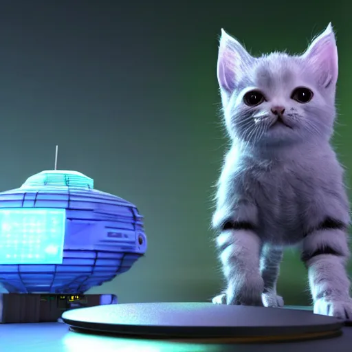 Prompt: a 3 d rendered movie of a cute robot kitten with whiskers. the robot has rgb lighting implants. in the background is a cat tree ( cyberpunk ) for robots. dramatic lighting. science fiction outer space fantasy blockbuster movie, imax 7 0 mm. octane 3 d render, style of mandalorian ( american space western television series ) but about robots, polka dancing contest.