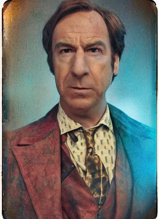 Prompt: Whole body and face wide shot of saul goodman in steampunk couture created like it's out of the 1970s polaroid clear, colorful image