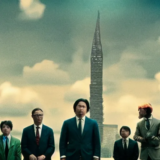 Image similar to godzilla has a job interview, still from a movie by wes anderson, cinematic, hyperreal, eerie, wide angle, insanely detailed, god rays, 3 5 mm