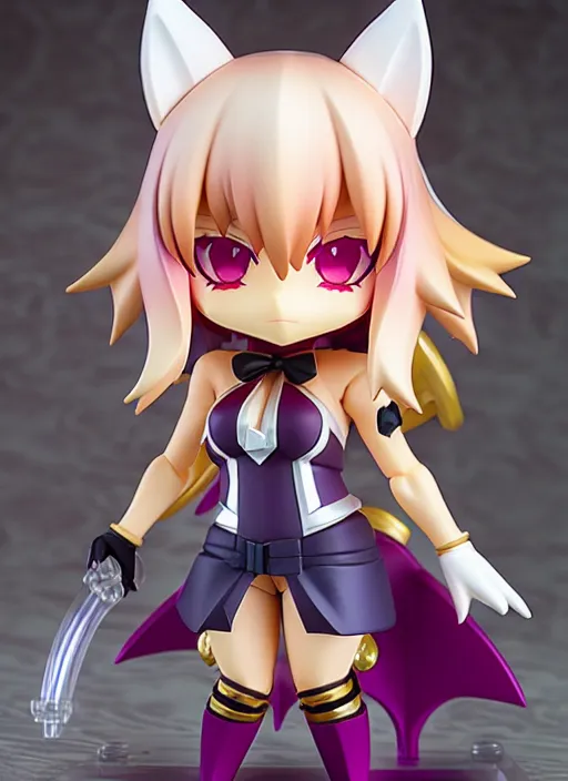 Image similar to chic kda ahri from league of legends nendoroid full body hyperdetalied, hero action pose, osamu tezuka, macoto takahashi, chibi, q posket, 8 k realistic, 3 d, cryengine, exquisite, charming smile, shape focus, symmetrical face, artstation, frostbite 3 engine, cryengine