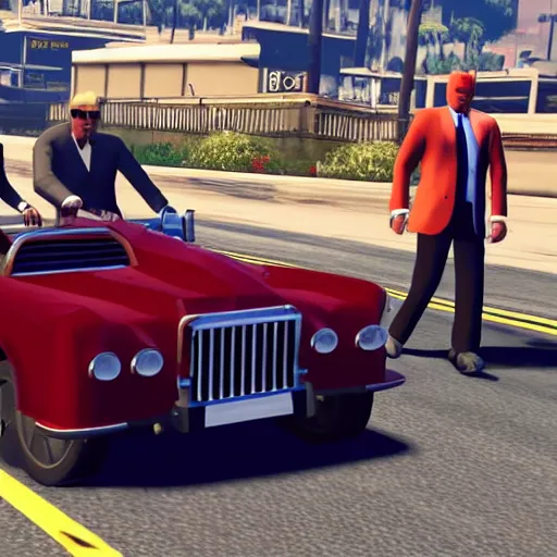 Image similar to the dalli lama and Donald Trump cruising in a convertible low rider in GTA 5 4k ultra high quality