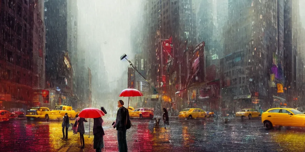 Image similar to a ultra photorealistic and sharp film still trough a raincovered window on a rainy but colourful day in new york. sparkling lights, people with umbrellas standing in the street, wide shot, frog perspective, wes anderson, studio ghibli, pixar and disney animation, octane render, anime key art by greg rutkowski, dramatic lighting, award winning photography