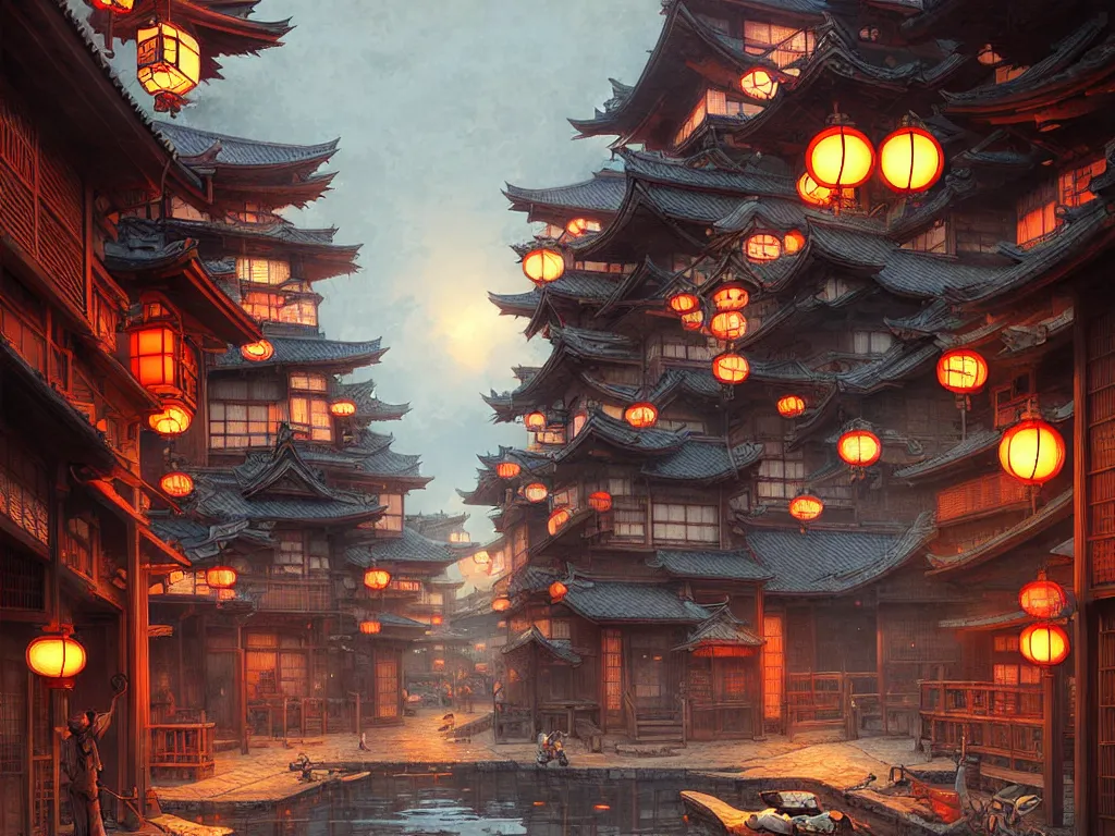 Prompt: old japanese street view from the harbor, d & d digital painting, intricate details, ultra realistic, beautiful, volumetric lighting, warm colors advance, cell shading, by james jean, greg rutkowski, gerald brom,