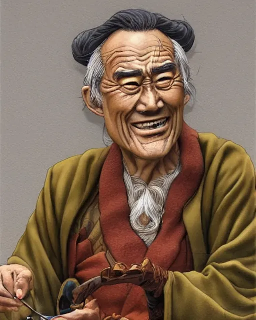 Image similar to real life Uncle Iroh smiling, drinking tea, beautiful, very detailed, hyperrealistic, medium shot, very detailed painting by Glenn Fabry, by Joao Ruas