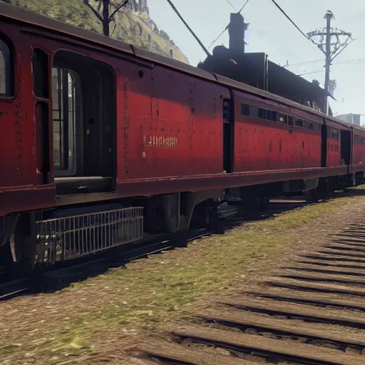 Image similar to A train in red dead redemption 2, screenshot, high quality image, widescreen, in-game engine, 8k, octane render, by greg rutkowski