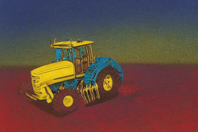 Image similar to john deere harvester, art by beksinski and pauline baynes, trending on artstation, iridescent cool blue and cyan and red and blue and yellow and green lighting camera view from above surrealism, very very intricate, concept art, fisheye lens, situationist international