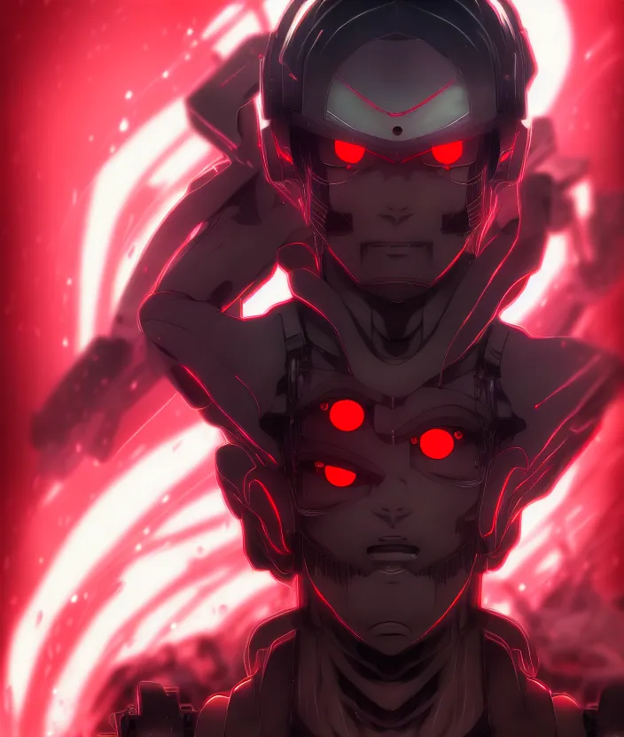 Image similar to a detailed manga illustration character full body portrait of a dark haired cyborg anime man who has red cyborg eyes, trending on artstation, digital art, 4 k resolution, detailed, high quality, sharp focus, hq artwork, insane detail, concept art, character concept, character illustration, full body illustration, cinematic, dramatic lighting