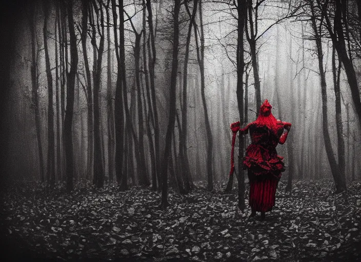 Prompt: baba yaga in the wood, by Jakub Rozalski, lomography photo, blur, unfocus, red monochrome