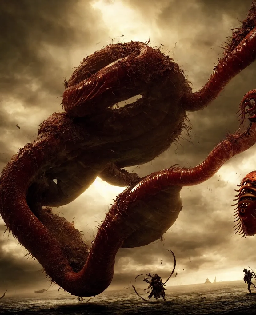 Image similar to pirates fighting giant screaming worm, cinematic atmosphere, maximized, high detail, 8k, ornate, dark fantasy, masterpiece, complex, film still from the movie directed by Denis Villeneuve