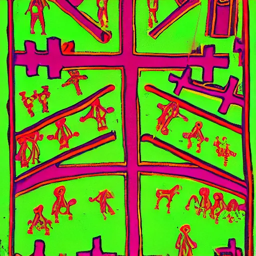 Image similar to fluo green cave painting of crosses and ufos