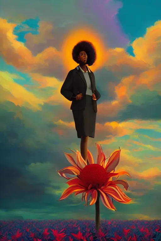 Image similar to closeup, giant flower as head, black woman in suit, surreal photography, golden hour, colorful clouds, impressionist painting, digital painting, artstation, simon stalenhag