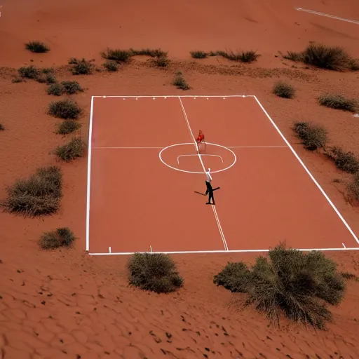 Image similar to a basketball court in the Sahara desert, award winning photo, 8k, ultra realistic, canon camera