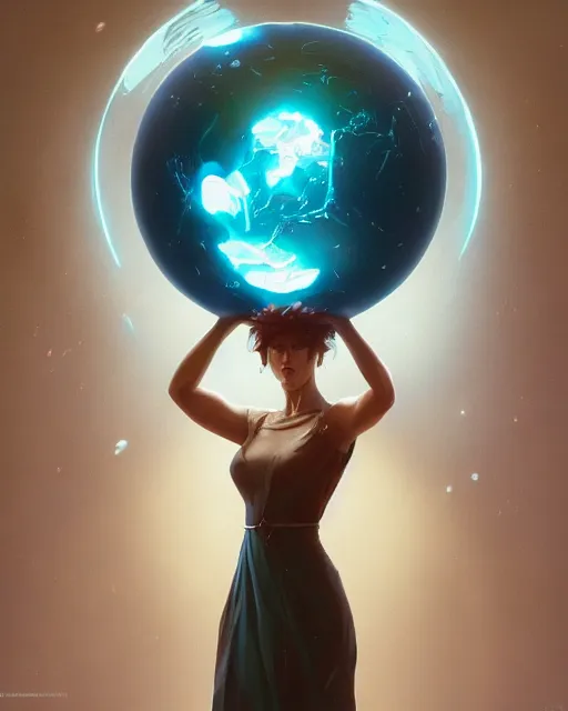 Image similar to highly detailed vfx woman holding a sphere of water in her hands, stephen bliss, unreal engine, greg rutkowski, loish, rhads, beeple, makoto shinkai and lois van baarle, ilya kuvshinov, rossdraws, tom bagshaw, alphonse mucha, global illumination, detailed and intricate environment