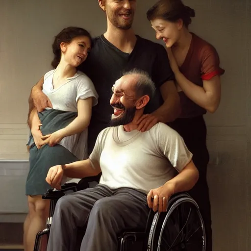 Image similar to a male patient in a wheelchair in the hospital with his wife and son standing by. happy, cheerful, smiling, intricate, face enhance, sharp focus, cinematic lighting, 8 k, art by greg rutkowski, william adolphe bouguereau